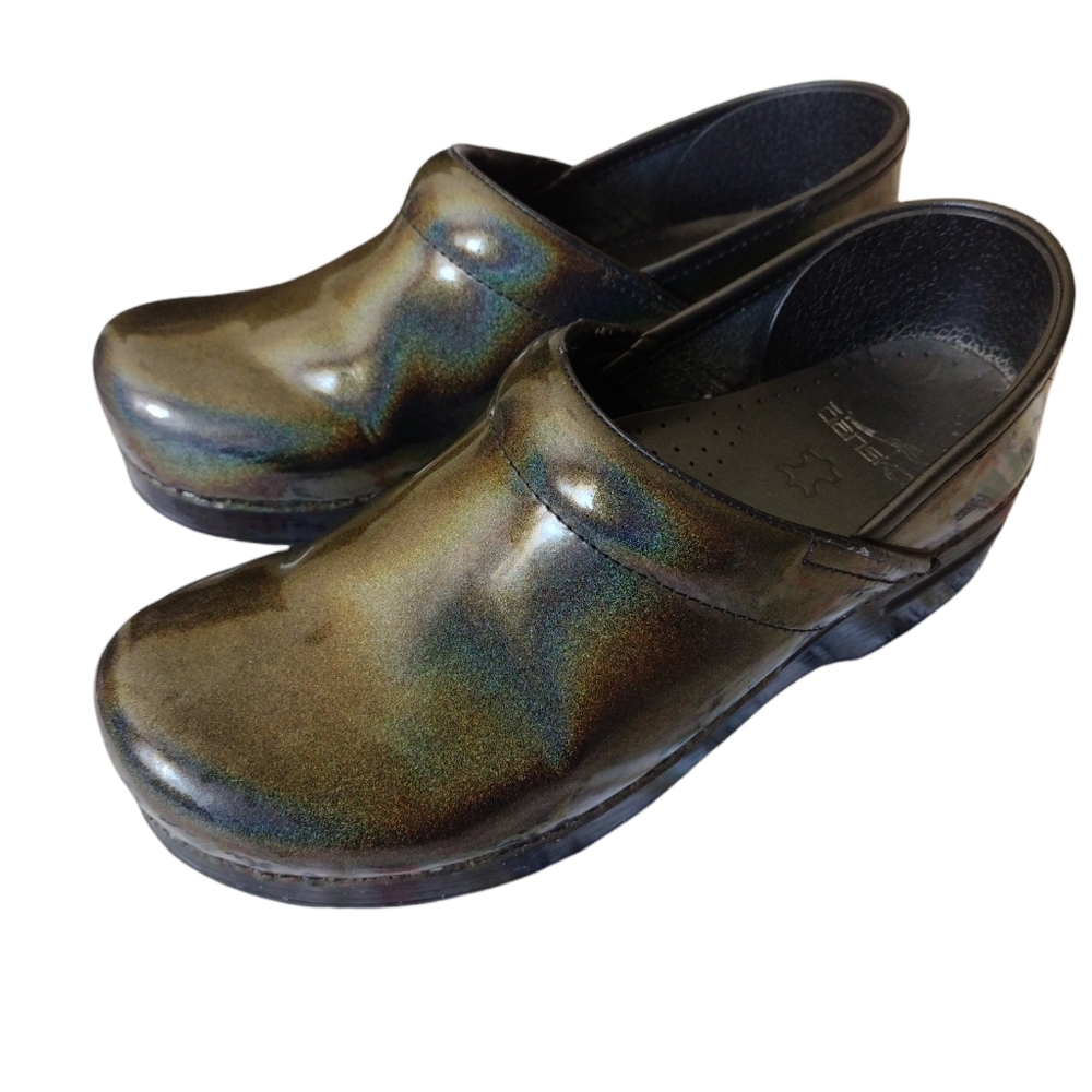 Dansko Iridescent Olive Green Leather Clogs